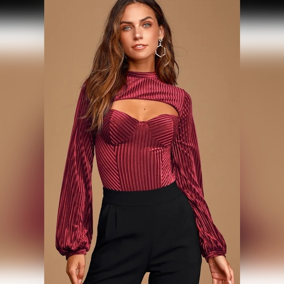 Lulus Always Alluring Burgundy Striped Velvet Cutout Bustier Bodysuit - Picture 2 of 9